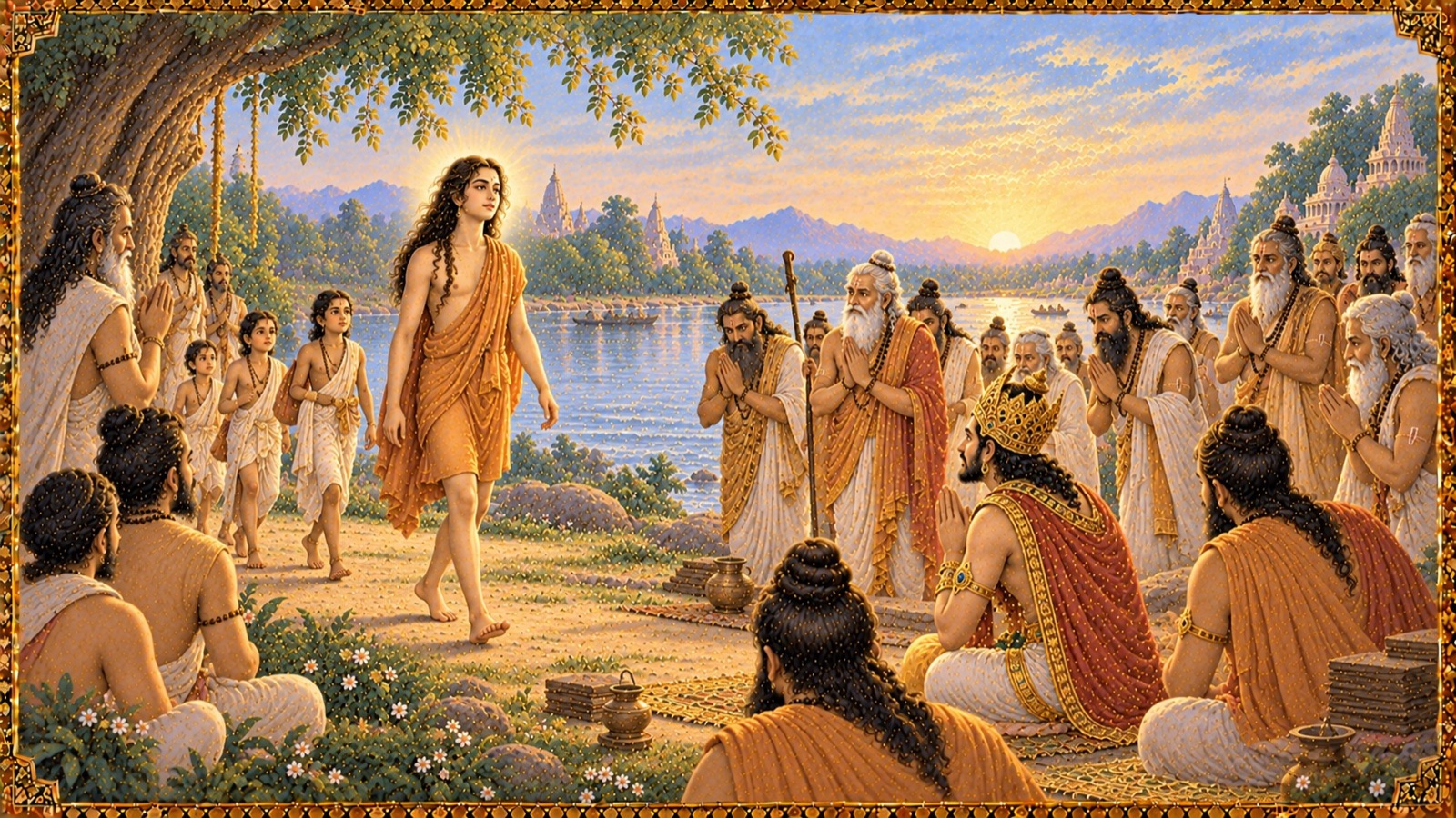 The young sage Sukadeva Goswami, an avadhuta wandering freely and followed by children, arriving at the assembly on the Ganga bank