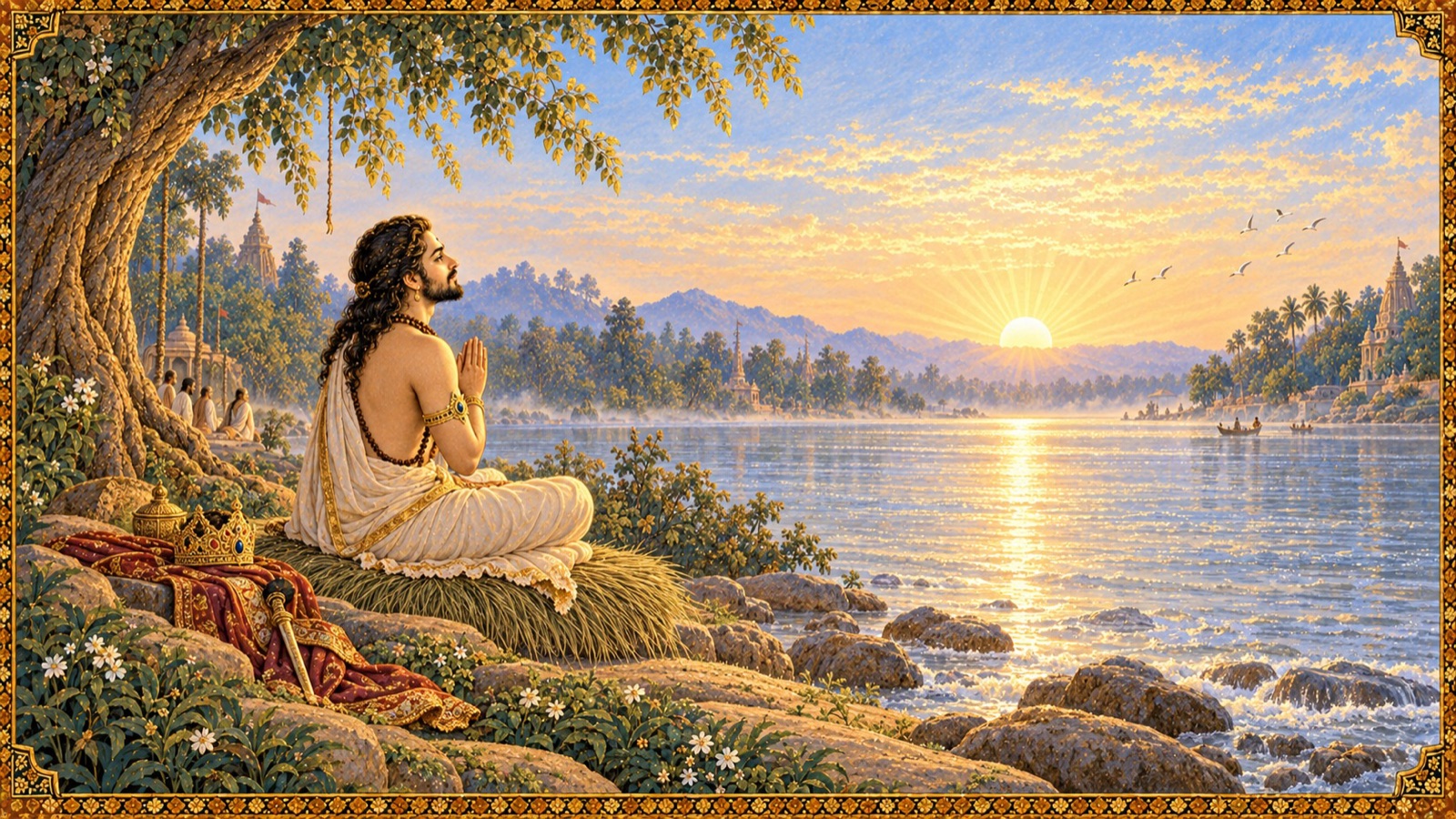 King Parikshit seated in renunciation on the bank of the Ganga, hands folded and mind fixed on Sri Krishna, taking a vow to fast until death