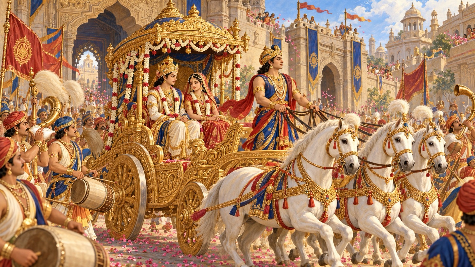 स्वर्ण-रथ में मथुरा से जाते वसुदेव-देवकी तथा बागडोर थामे कंस