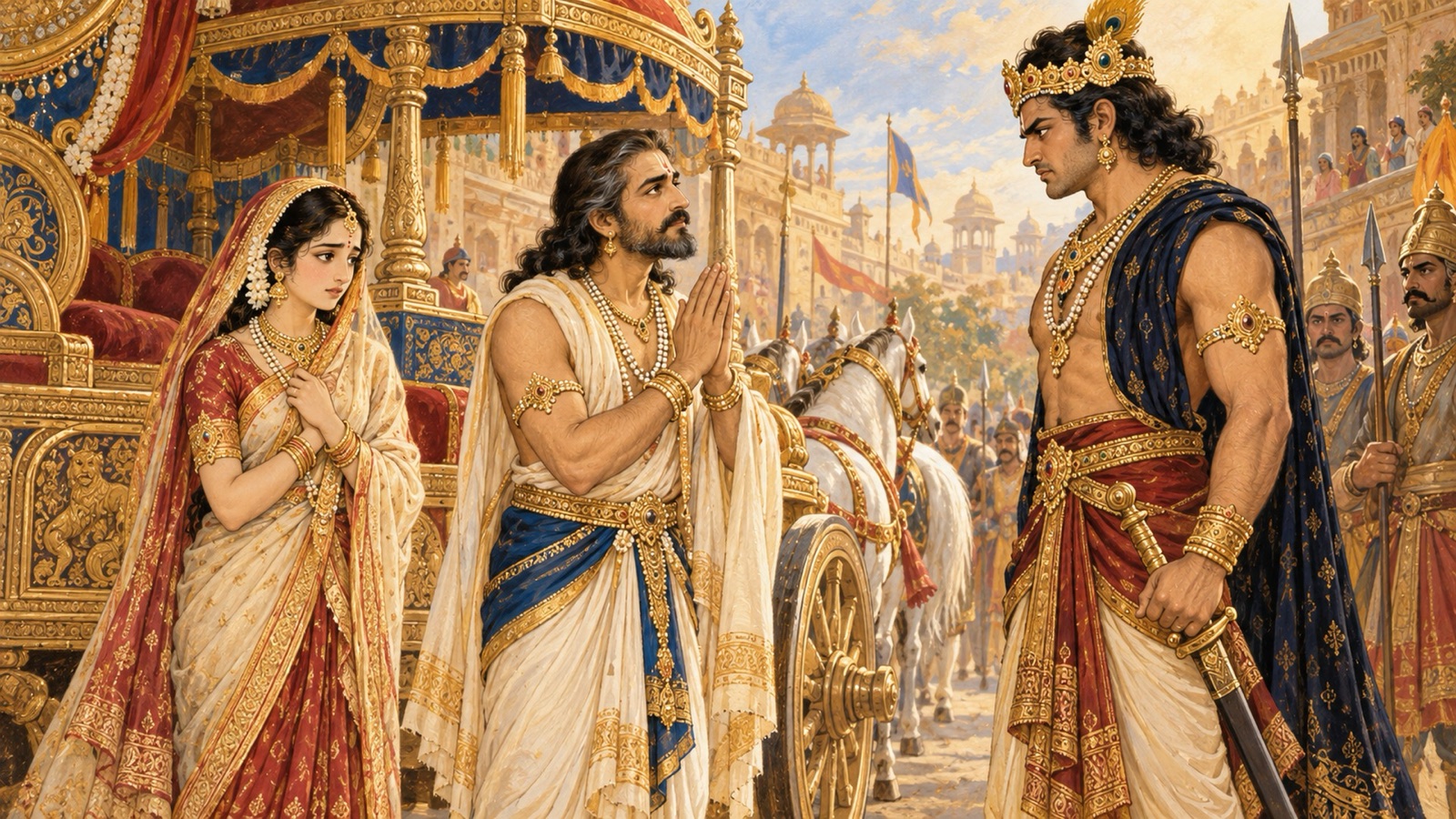 तलवार लिए कंस के सम्मुख देवकी के प्राणों की भिक्षा माँगते वसुदेव