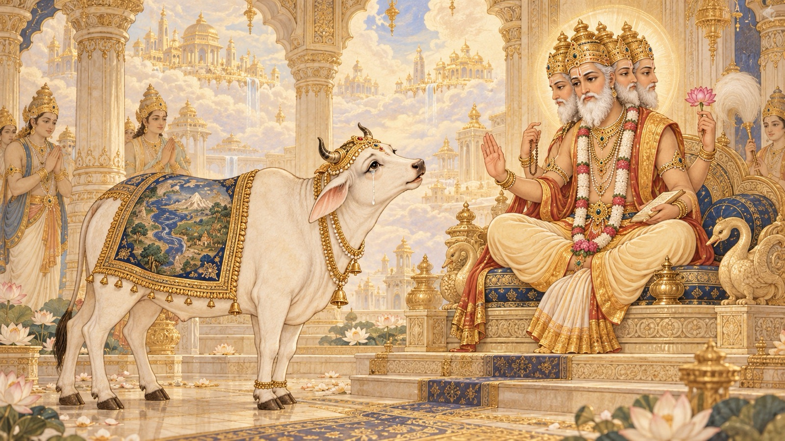 Mother Earth in the form of a weeping cow appealing to Brahma amid the gods