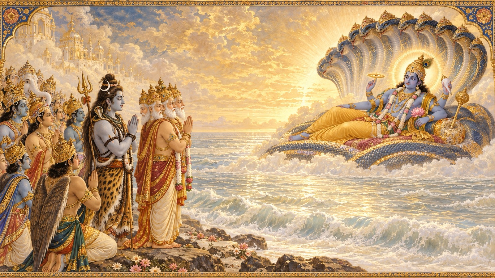 Brahma, Shiva, and the gods praying to Lord Vishnu at the shore of the Ocean of Milk