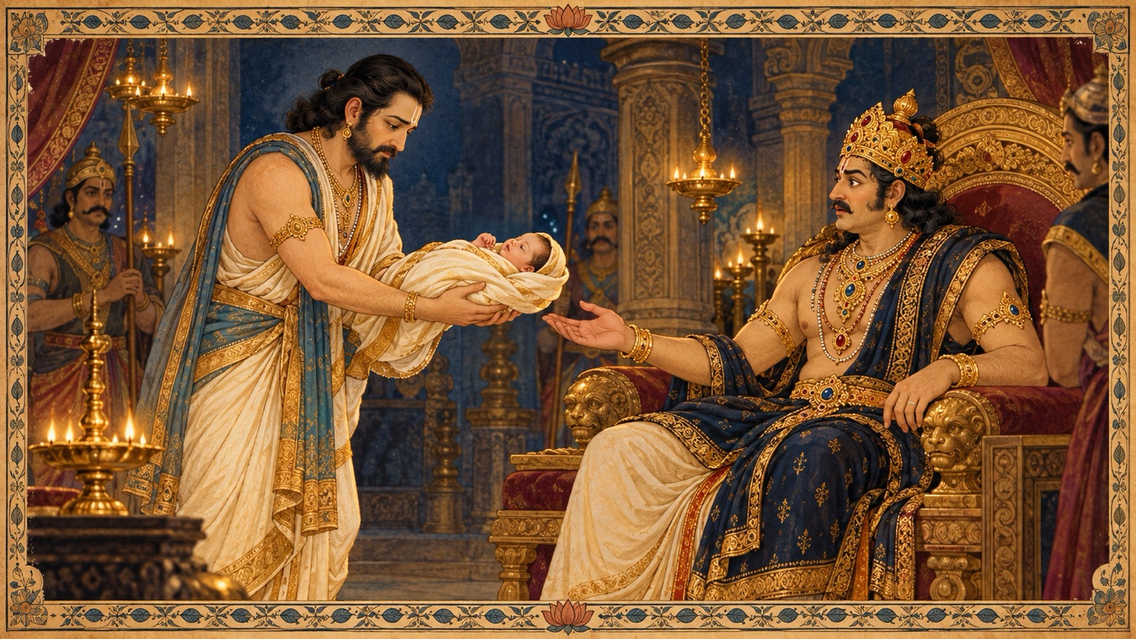 Vasudeva carrying his newborn firstborn to the astonished Kamsa in keeping with his promise