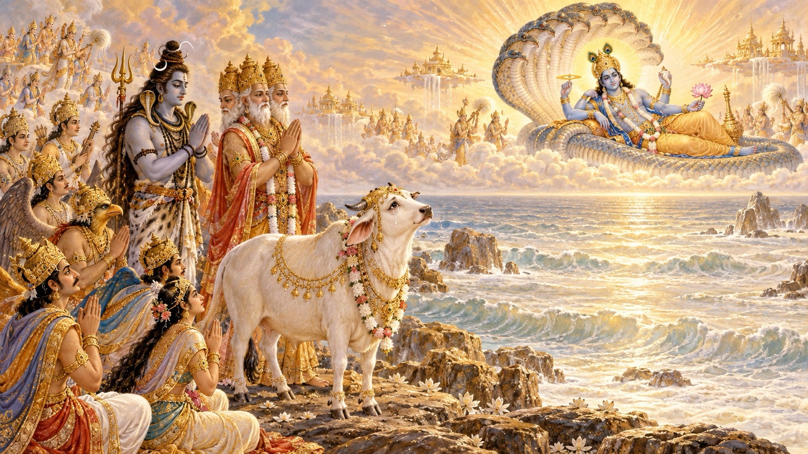 Mother Earth as a weeping cow with the gods appealing to Lord Vishnu at the Ocean of Milk for the descent of the Lord
