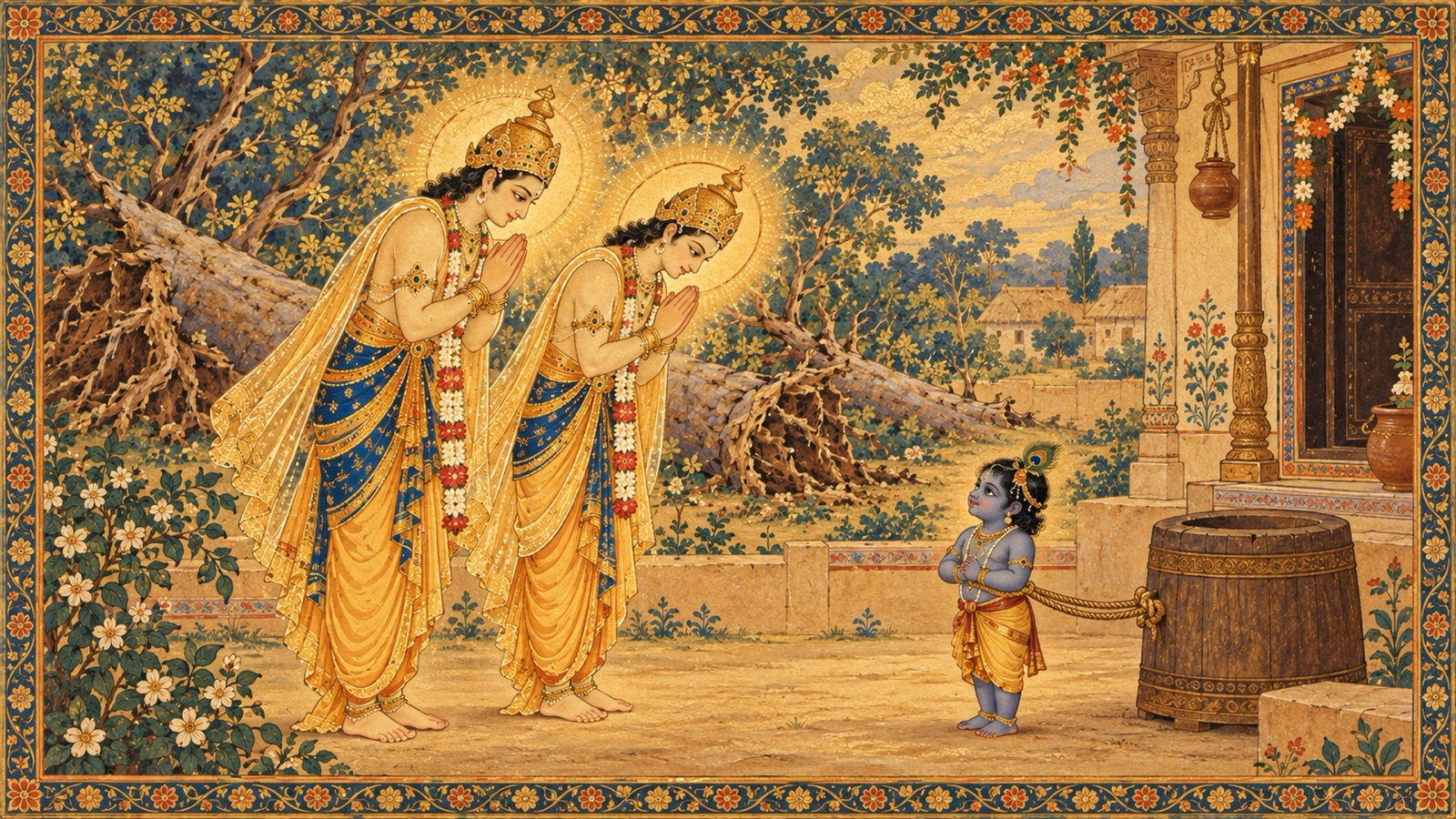 गिरे हुए वृक्षों से प्रकट दो तेजस्वी दिव्य पुरुष हाथ जोड़कर शिशु कृष्ण के समक्ष प्रणाम करते हुए