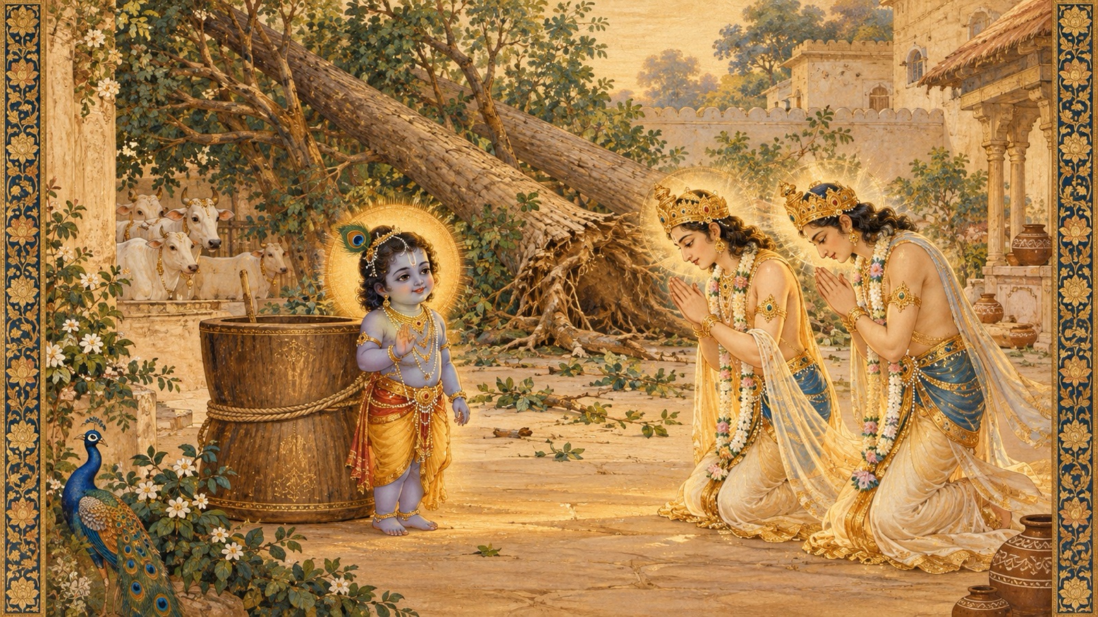 ऊखल से बँधे शिशु कृष्ण मुस्कुराते हुए विदा से पूर्व दोनों मुक्त पुरुषों को आशीर्वाद देते हुए