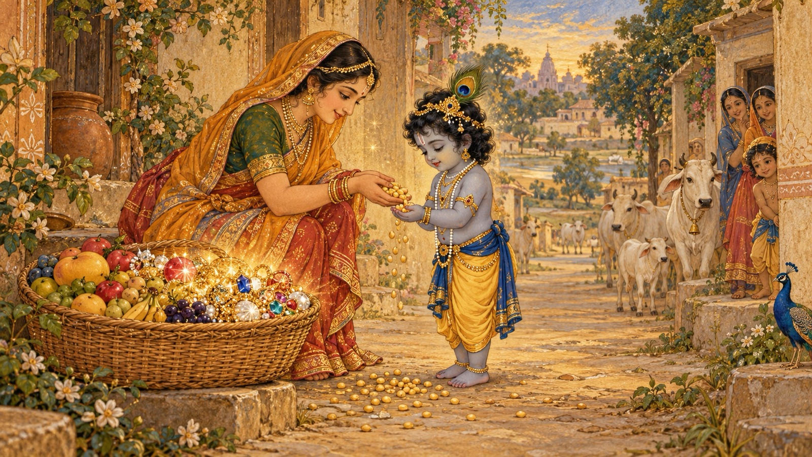 फलवाली नन्हे कृष्ण की अंजुली को फलों से भरती हुई, और उसकी टोकरी रत्नों से भर जाती है