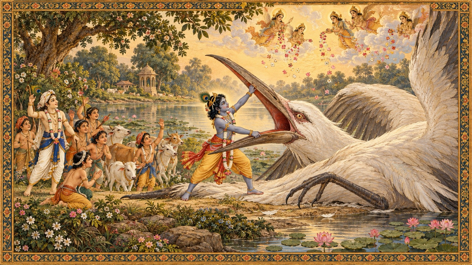 विशाल बगुले रूपी असुर बकासुर की चोंच को चीरते हुए कृष्ण, राहत से देखते ग्वालबाल