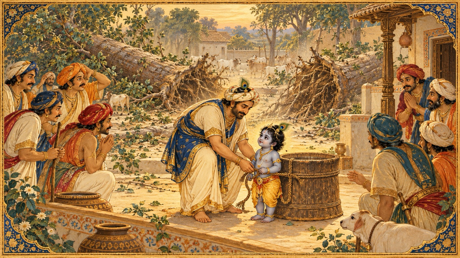 Nanda smiling as he unties the infant Krishna from the mortar beside the two fallen arjuna trees while cowherds look on