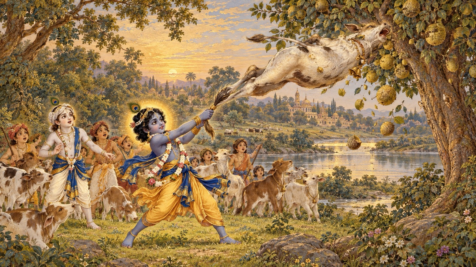 Krishna whirling the calf-demon Vatsasura by its legs and hurling it into a wood-apple tree