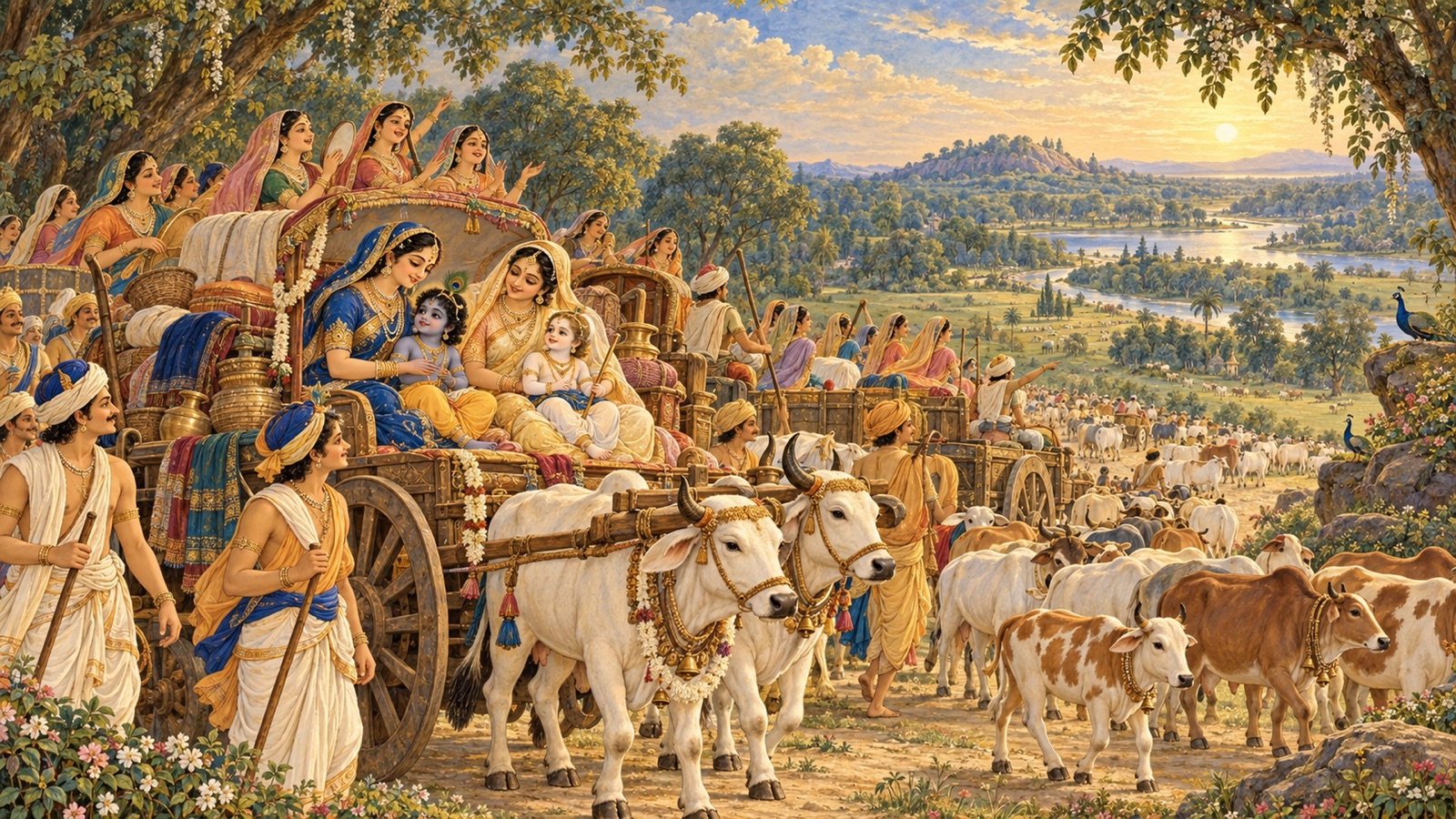 The cowherds of Vraja migrating to Vrindavana in bullock carts with cattle ahead and gopis singing of Krishna