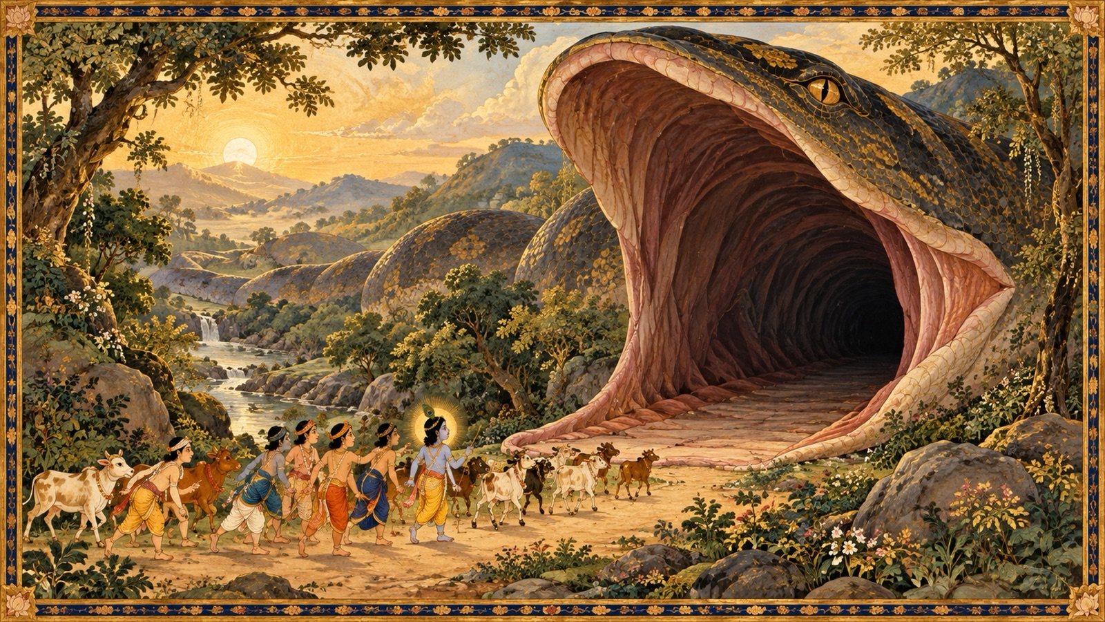 The gigantic python-demon Aghasura lying across the forest path with its cave-like mouth held open