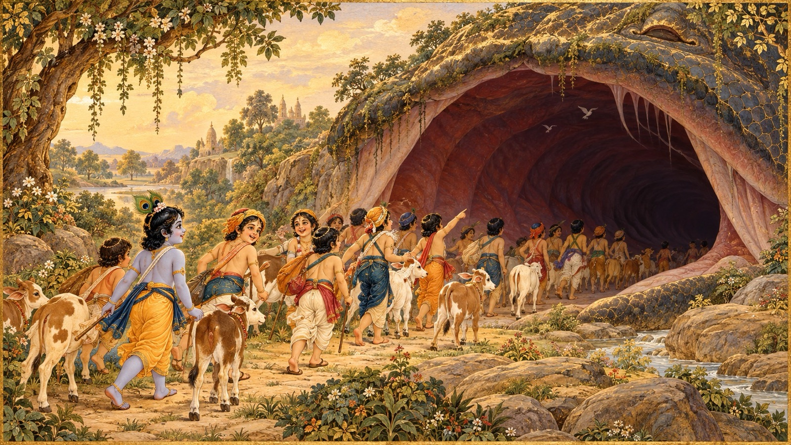 The cowherd boys and calves walking fearlessly toward the great open mouth, mistaking it for a scenic cave