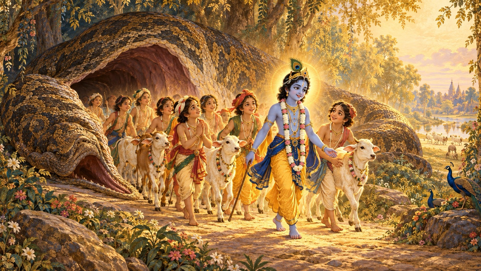 Krishna leading the revived boys and calves safely out of the demon's mouth as the demon lies destroyed