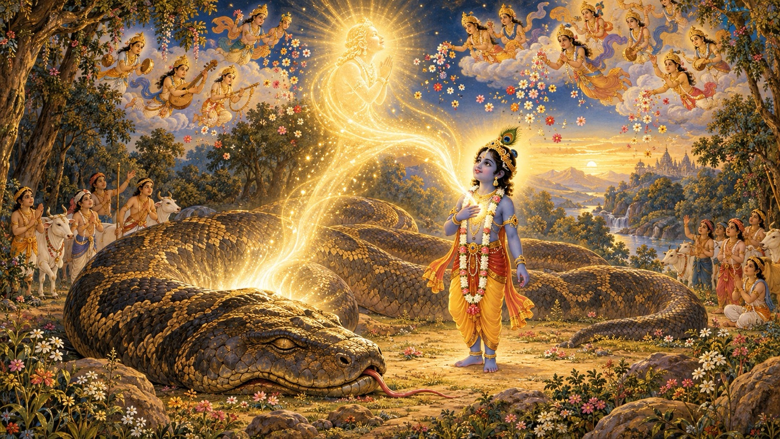 A radiant light rising from the dead demon and merging into Krishna as the gods shower flowers from the sky