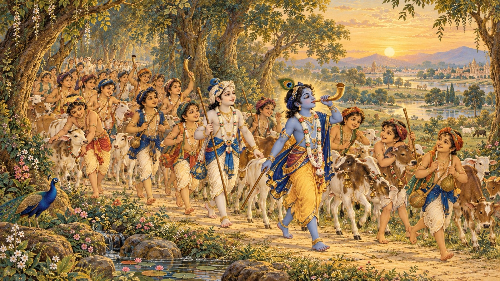 Krishna leading thousands of cowherd boys and calves into the forest at dawn, playing flutes and horns