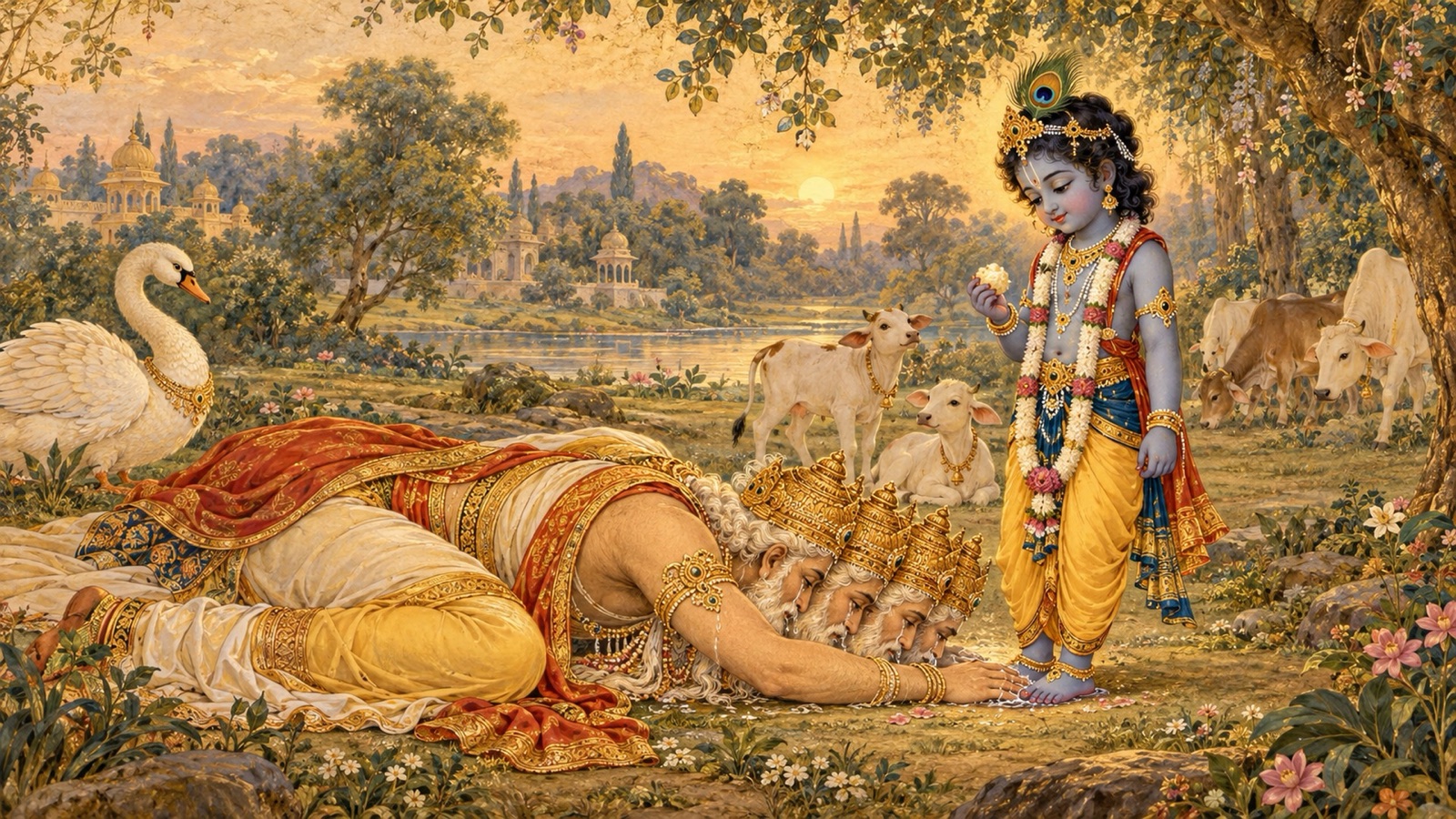 नन्हे ग्वाल कृष्ण के चरणों में गिरे ब्रह्मा, आनन्द के आँसुओं से उनके चरण धोते हुए