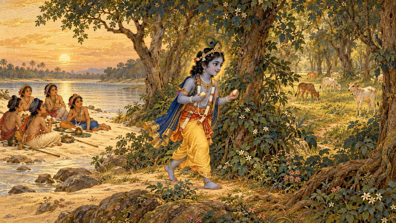 Krishna going into the forest to search for the strayed calves, holding a morsel of food in His hand