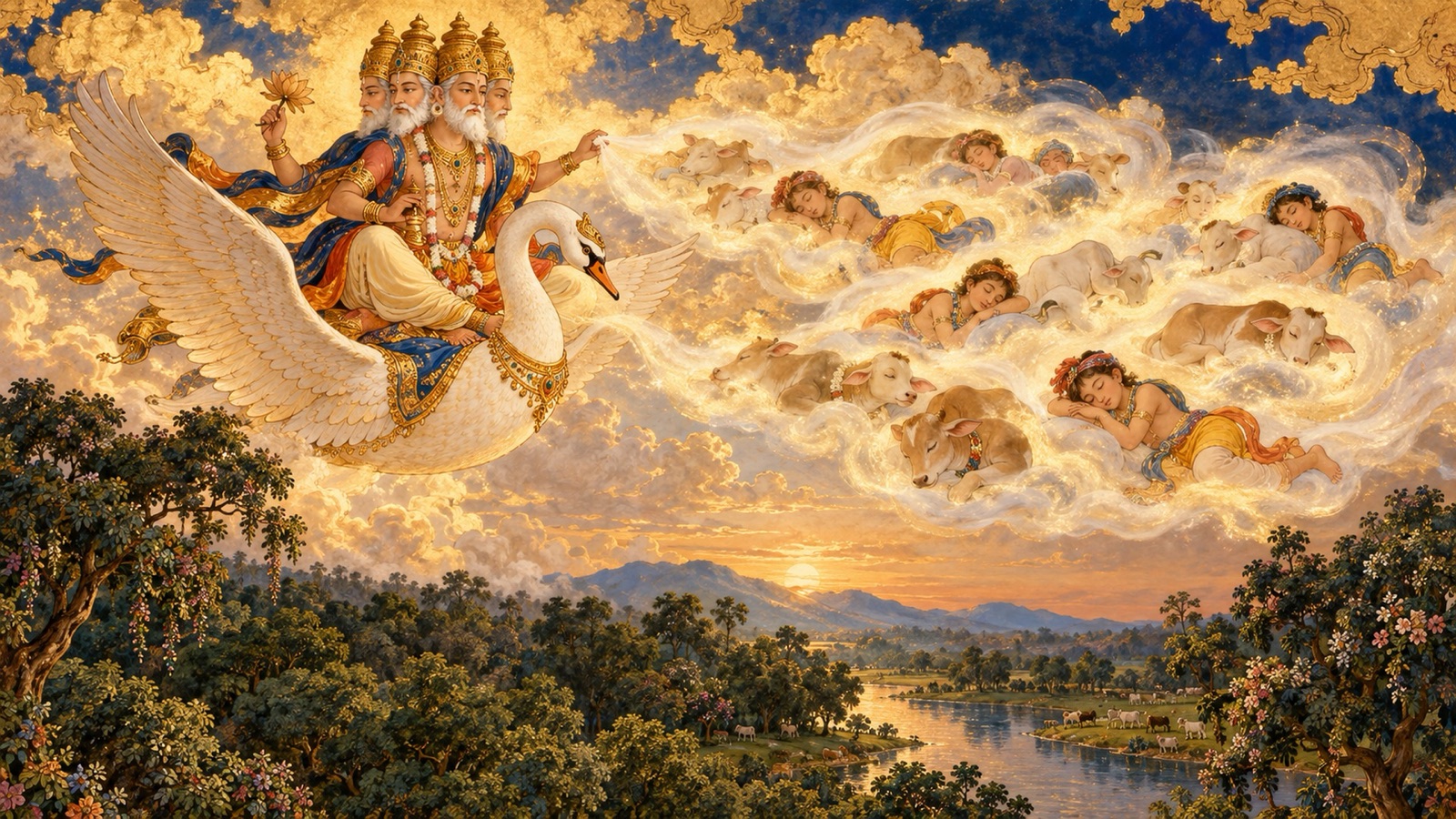 Brahma in the sky carrying away and concealing the cowherd boys and calves to test the child Krishna's power