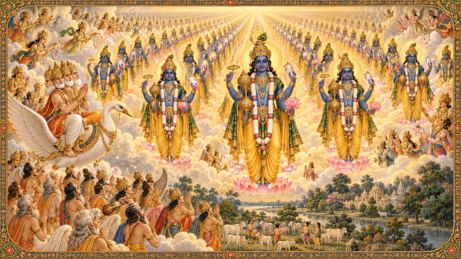 Brahma beholding all the cowherd boys transformed into countless four-armed Vishnu forms bearing conch, disc, mace and lotus
