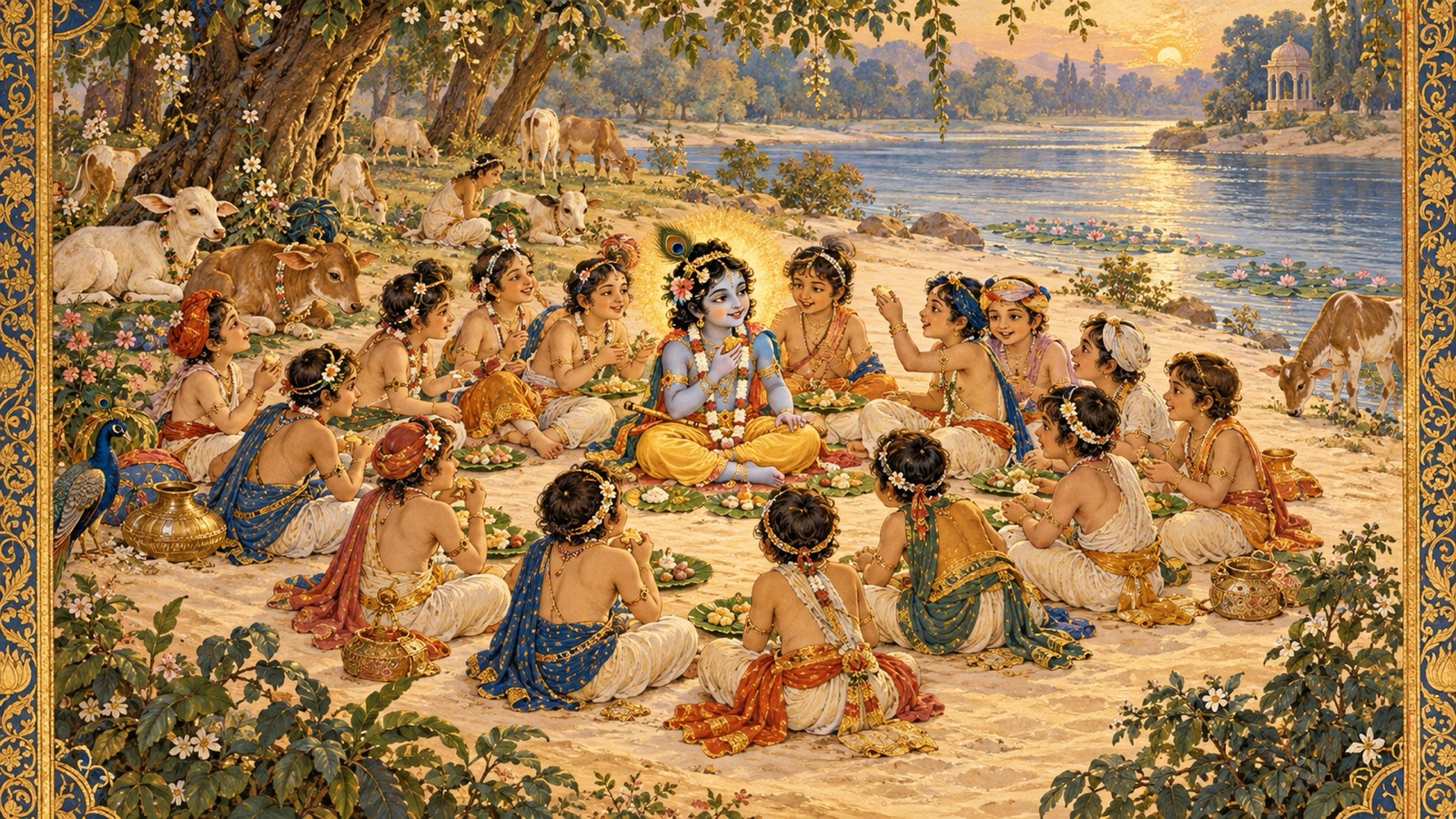 Krishna seated at the centre eating lunch with the cowherd boys arranged around Him in circles like lotus petals on the Yamuna bank