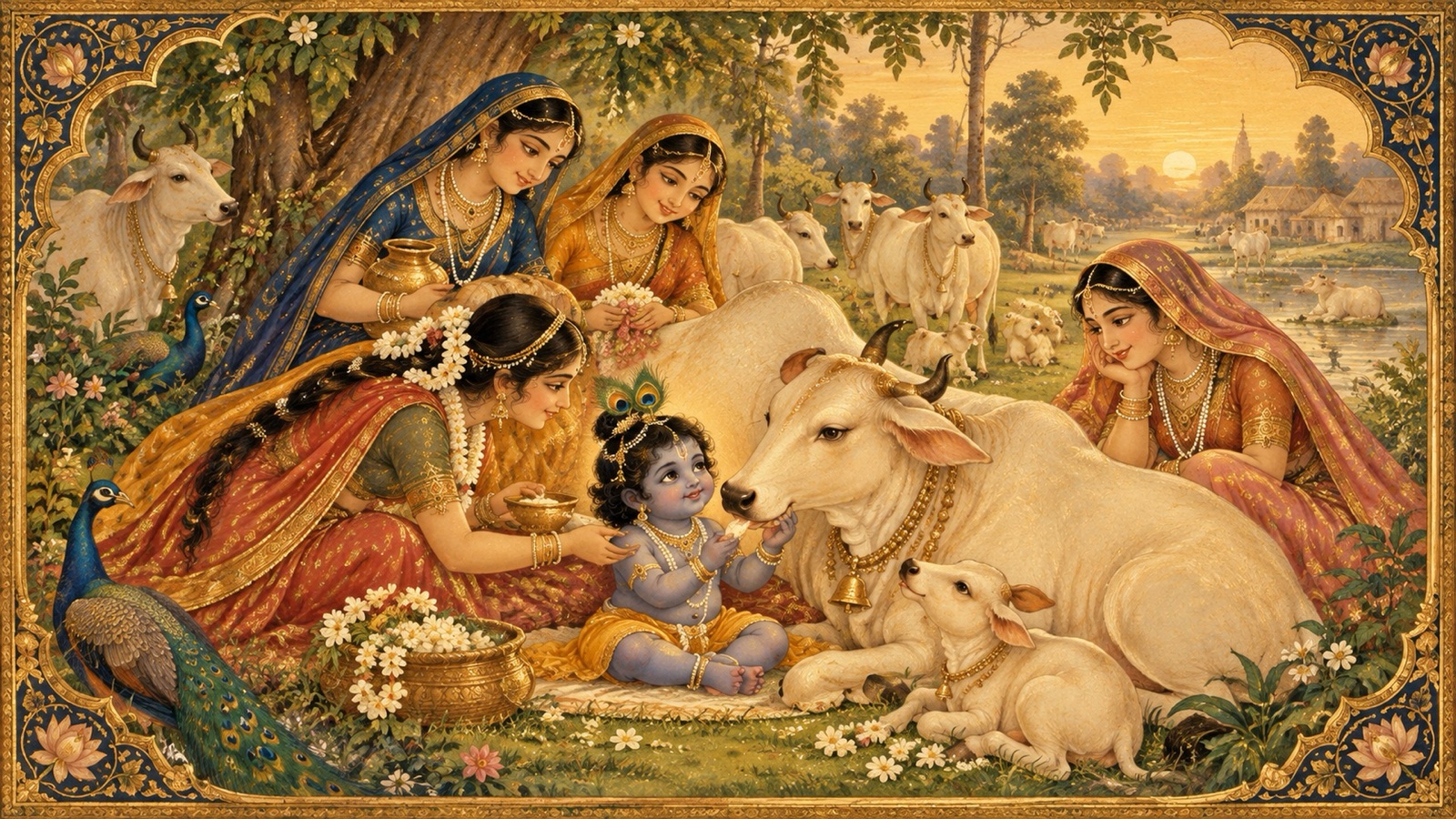 The cows and cowherd women of Vraja lovingly tending the child Krishna, whom Brahma praises as supremely blessed