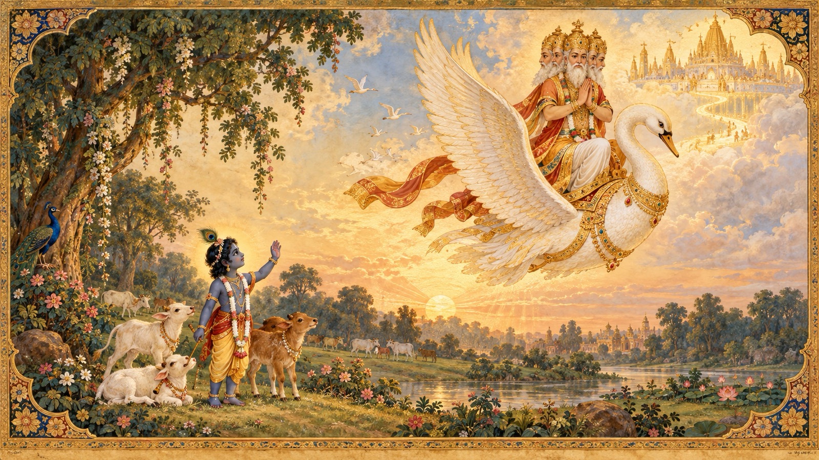 Brahma circumambulating Krishna and departing to his own abode upon his swan carrier