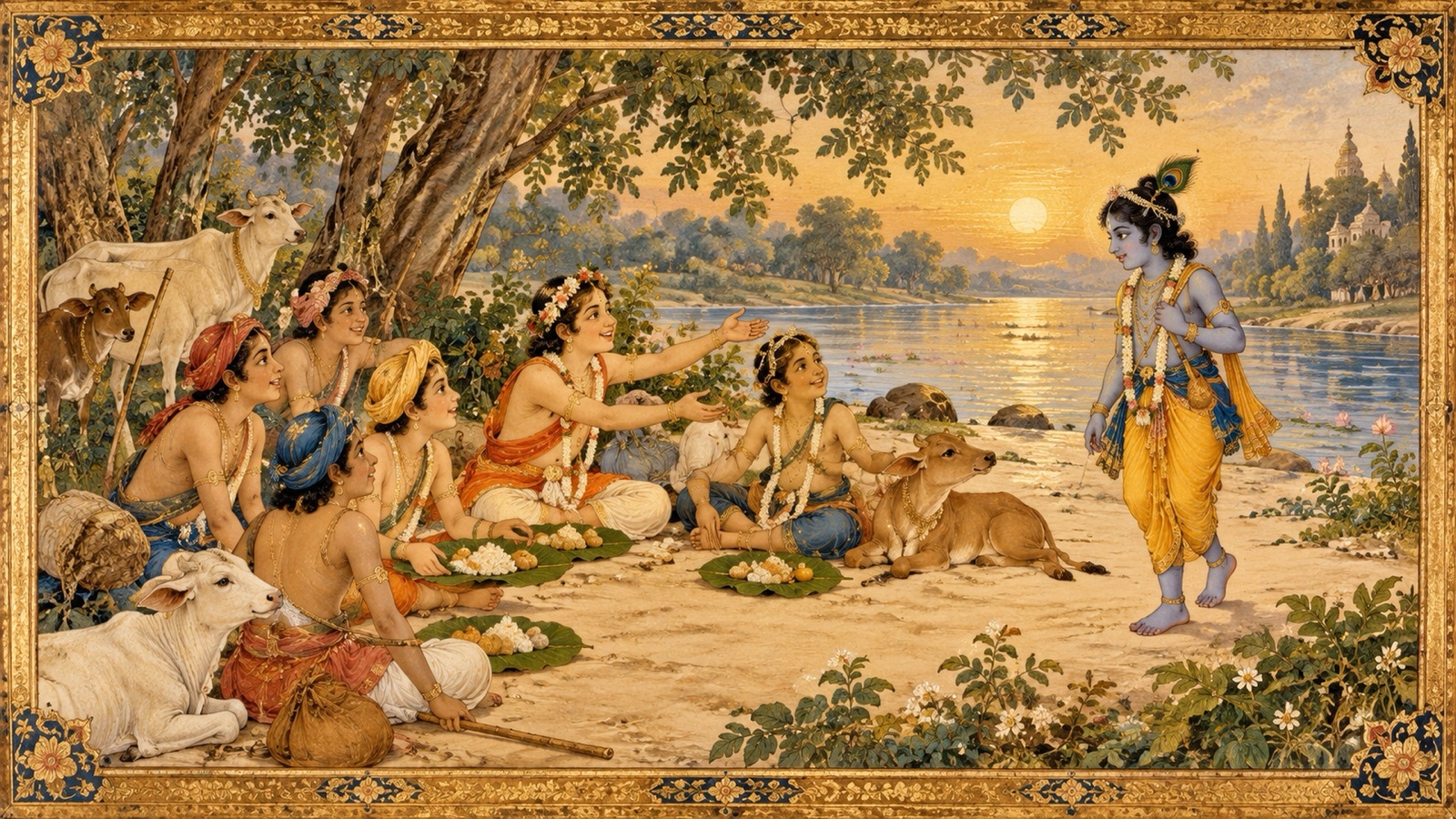 The cowherd boys welcoming Krishna back at the riverbank, calling him to eat as though he had been gone only a moment