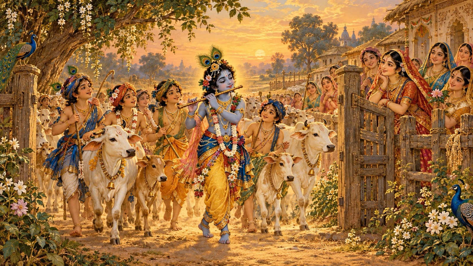 Krishna entering Vraja adorned with peacock feathers and forest flowers, playing His flute, delighting the gopis
