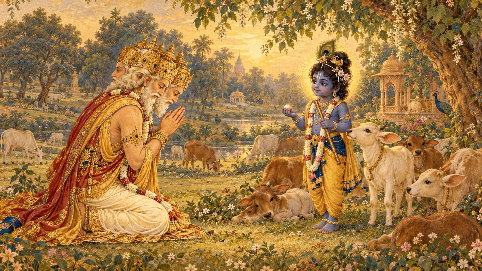 Brahma with folded hands offering a hymn of praise to the little cowherd Krishna standing among calves in Vrindavana