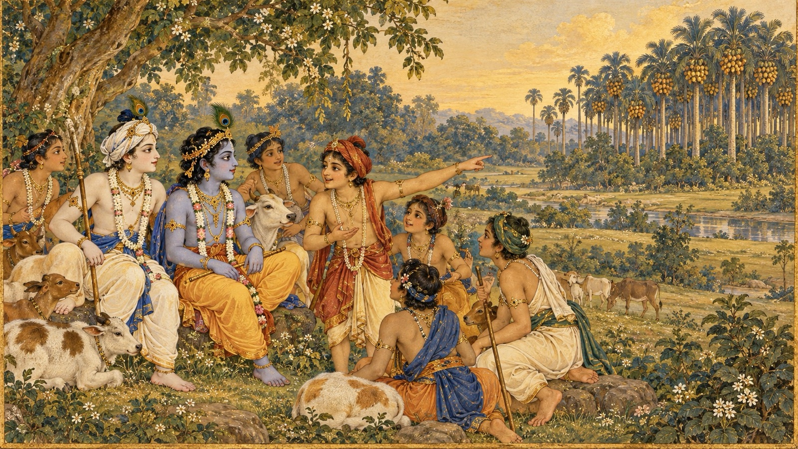 कृष्ण और बलराम से बात करते हुए दूर तालवन के ताड़-वन की ओर संकेत करते ग्वालबाल