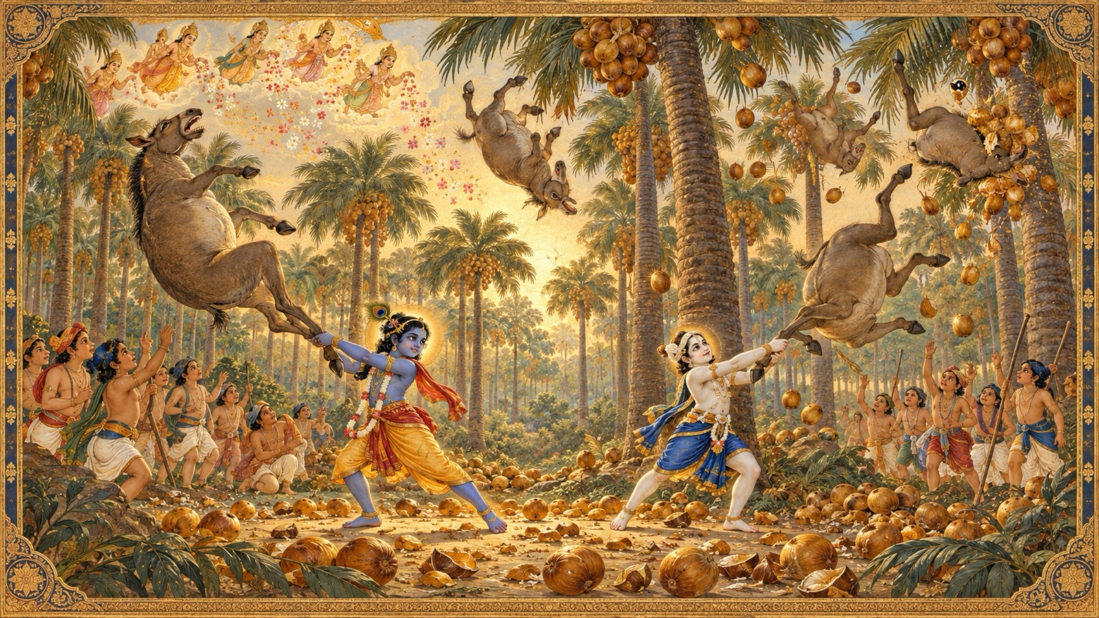 गधा-असुरों के झुंड को ताड़ वृक्षों पर फेंकते कृष्ण और बलराम, आकाश से पुष्प बरसाते देवगण
