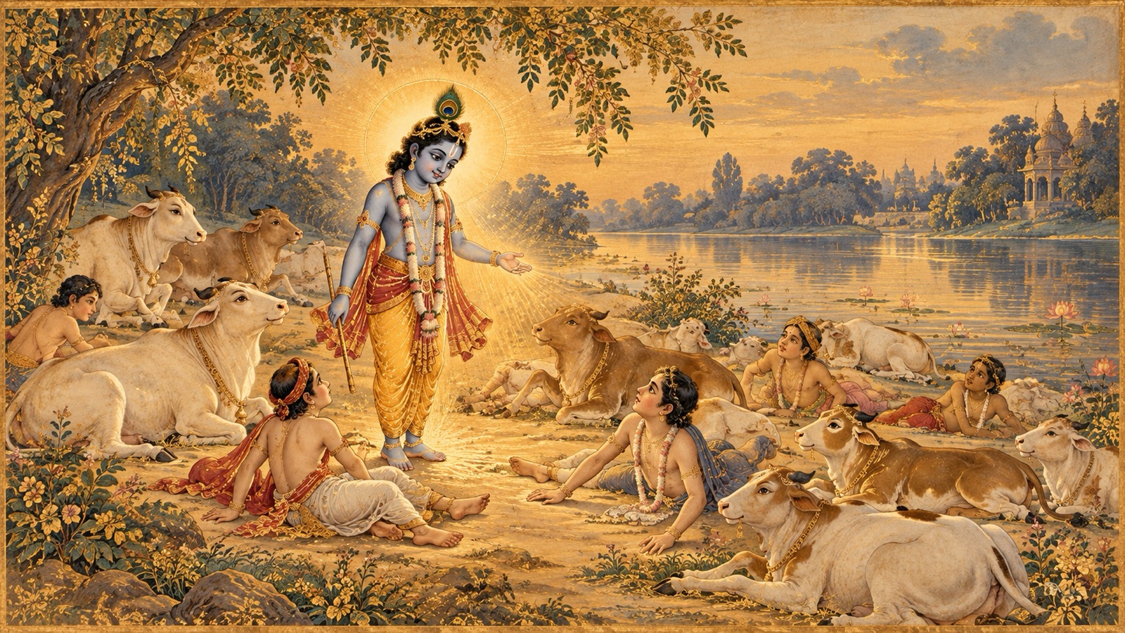 यमुना के विषैले तट पर गिरे गौओं और ग्वालबालों को अपनी अमृत-वर्षिणी दृष्टि से जिलाते कृष्ण