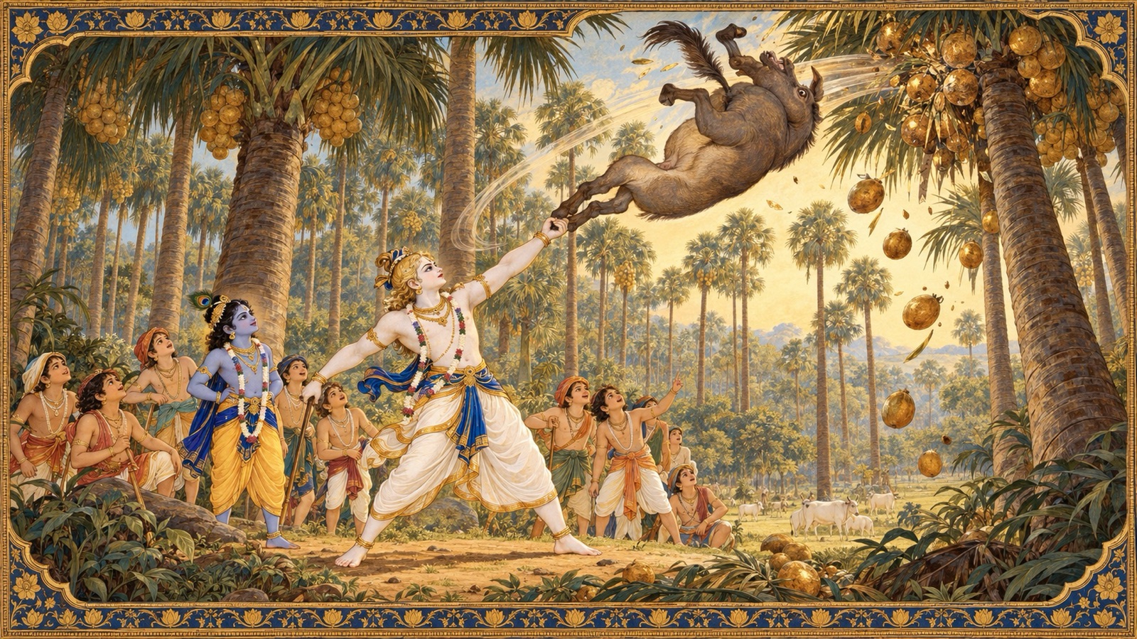 Balarama whirling the ass-demon Dhenukasura by its legs and hurling it into the top of a tall palm tree
