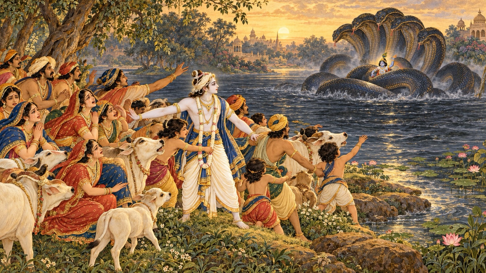 यमुना के तट पर शोक में एकत्र व्रजवासी और गौएँ, सर्प की कुण्डलियों में लिपटे कृष्ण को निहारते हुए