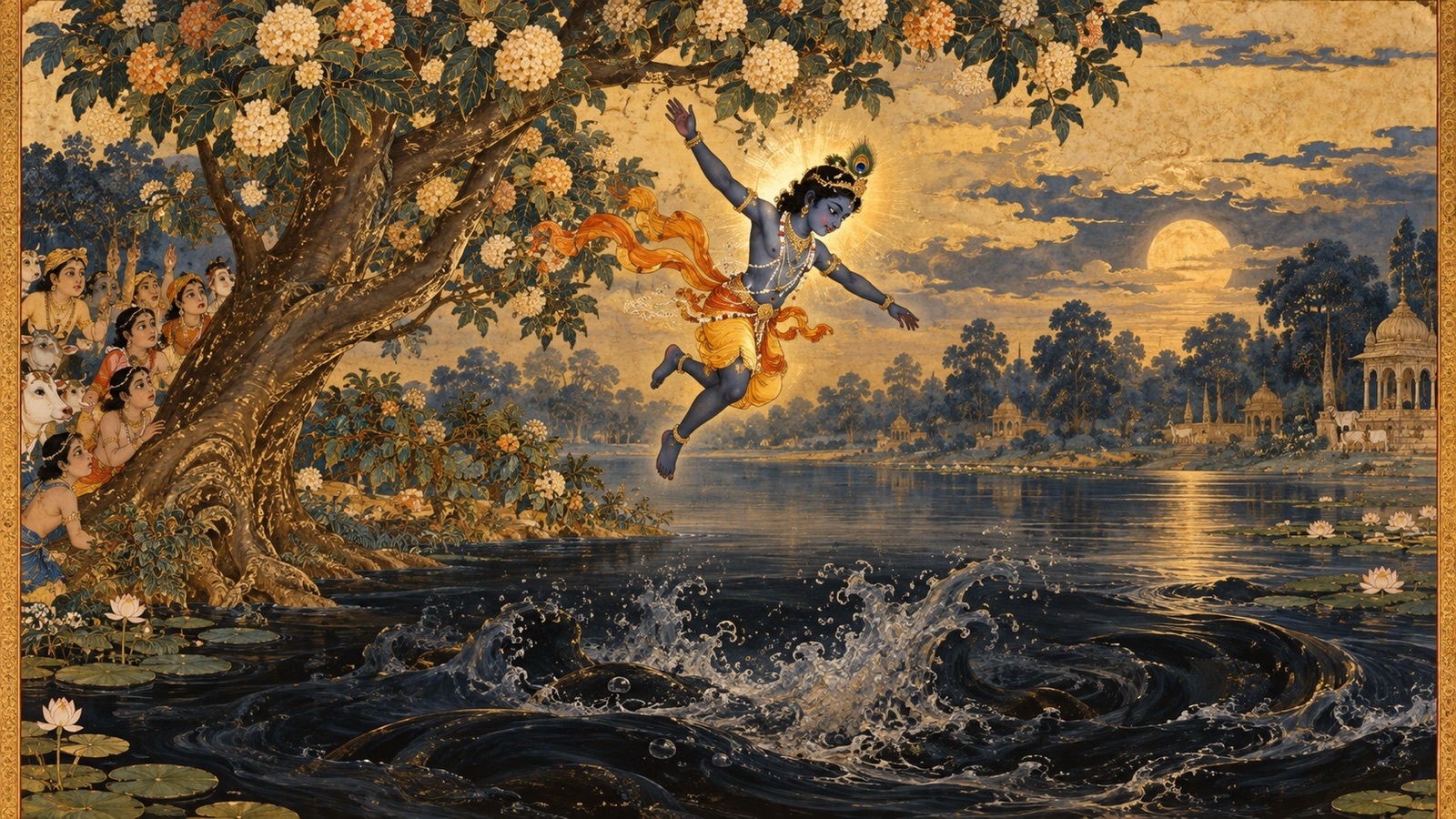 Krishna leaping from a tall kadamba tree into the poisoned lake of the Yamuna