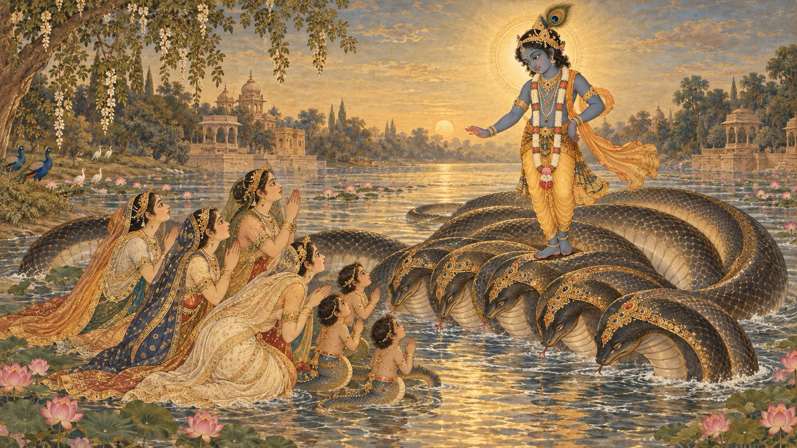 The wives of the serpent Kaliya with folded hands offering prayers to Krishna, who stands upon the subdued serpent