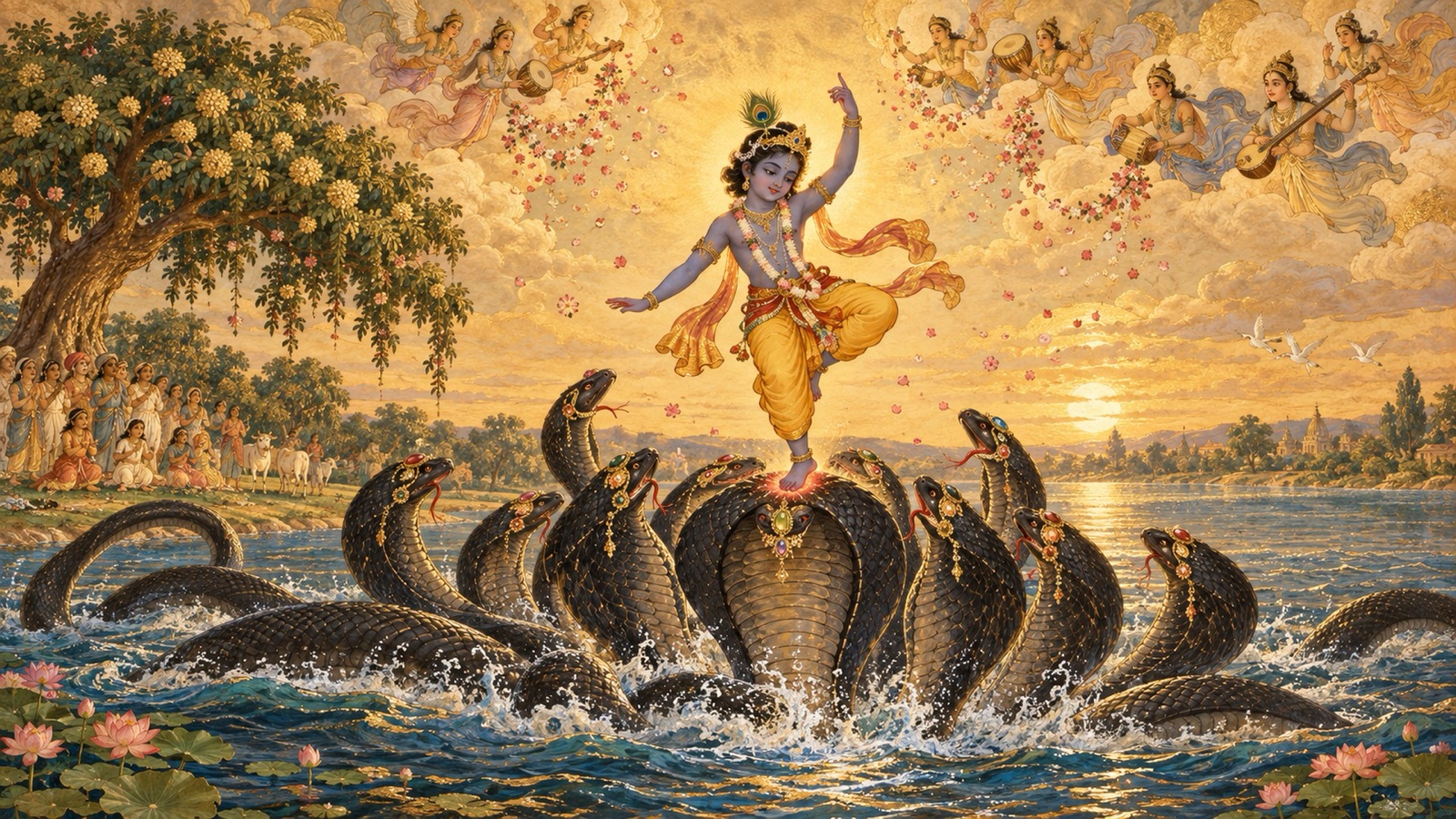 Krishna dancing gracefully upon the many hoods of the great serpent Kaliya in the Yamuna as celestials shower flowers