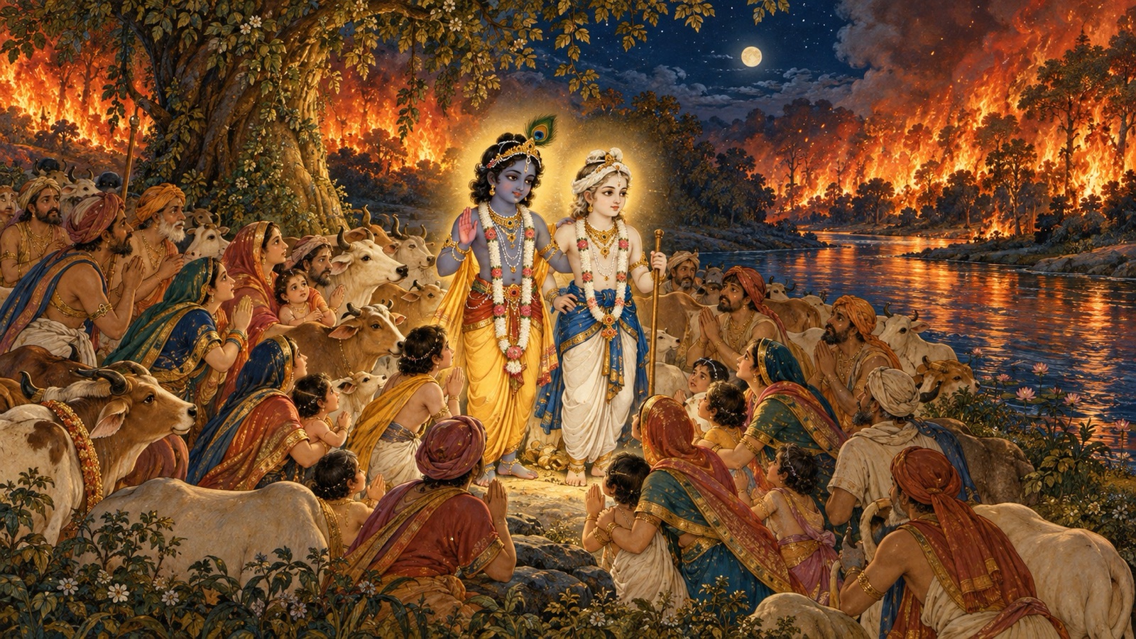 चारों ओर फैली दावाग्नि में जागकर कृष्ण और बलराम की शरण लेते व्रजवासी