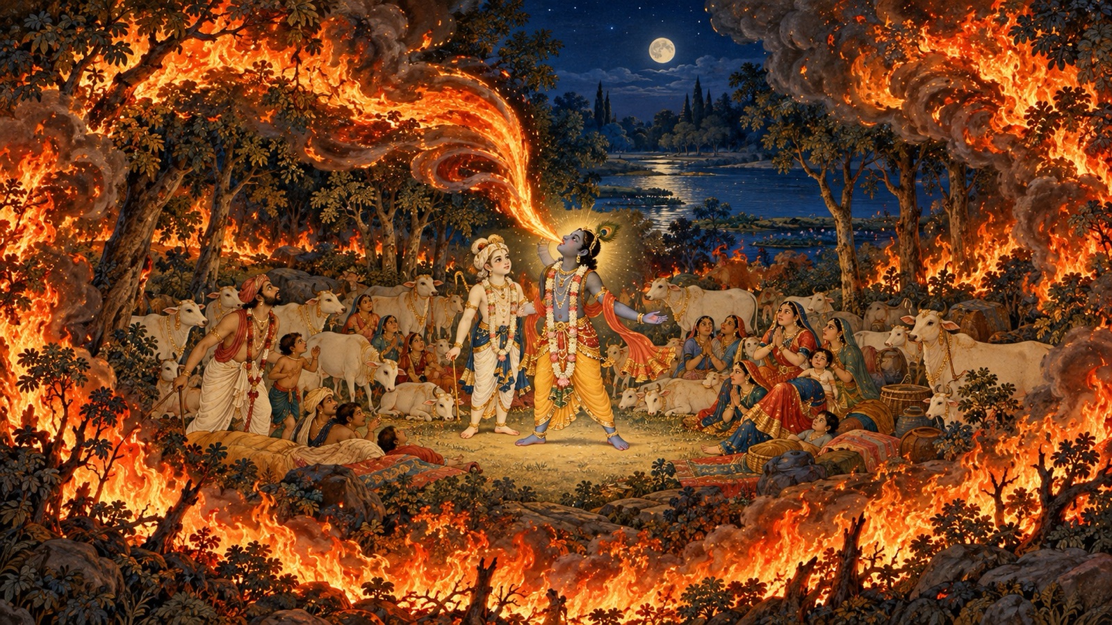 यमुना के तट पर सोते व्रजवासियों और पशुओं को बचाने के लिए भड़कती दावाग्नि को पी जाते कृष्ण