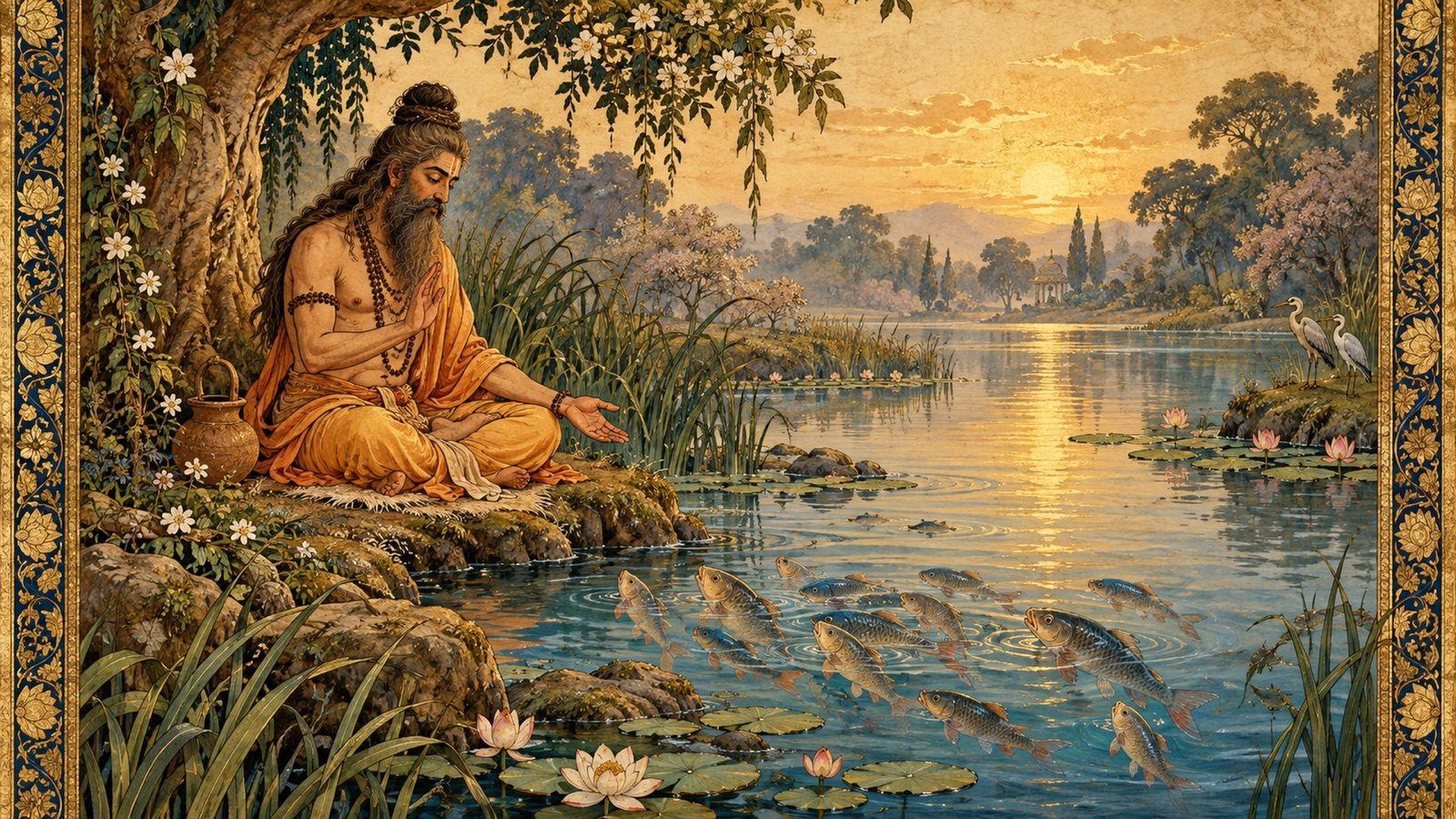The sage Saubhari in meditation beside the Yamuna lake surrounded by fish, pronouncing his protective vow