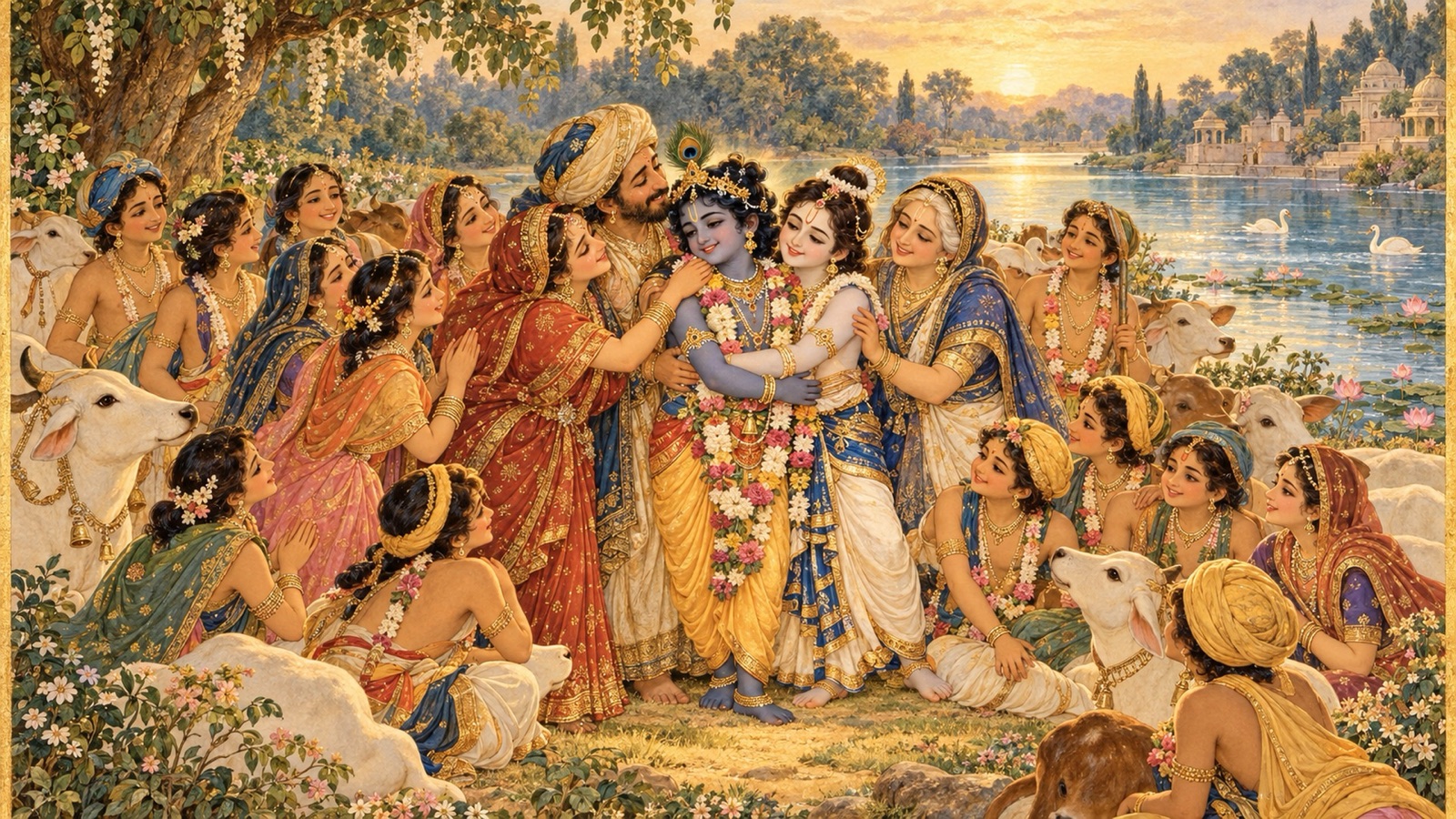 Krishna emerging from the Yamuna adorned with garlands and jewels, joyfully embraced by the people of Vraja