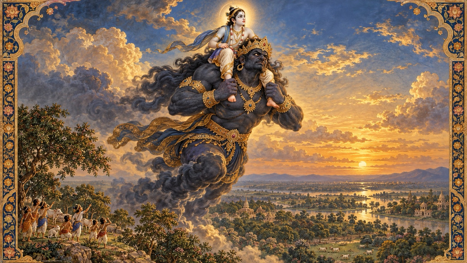 आकाश में बलराम को उठाए अपने विशाल सत्य-रूप में प्रकट महादानव प्रलम्ब, गोपबालक-वेश त्यागने के पश्चात्