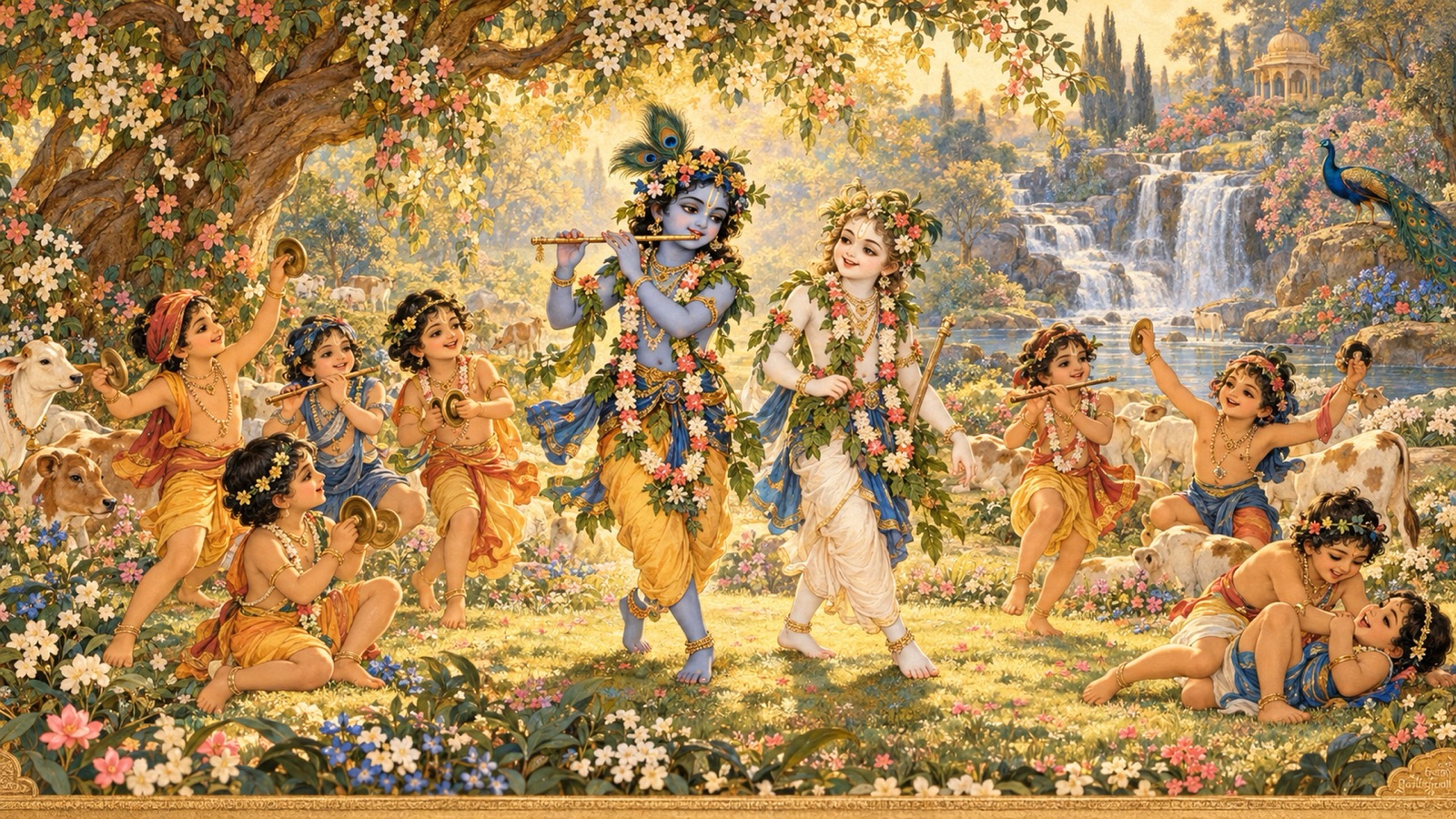 Krishna and Balarama playing with the cowherd boys in the forest of Vrindavana during the summer season