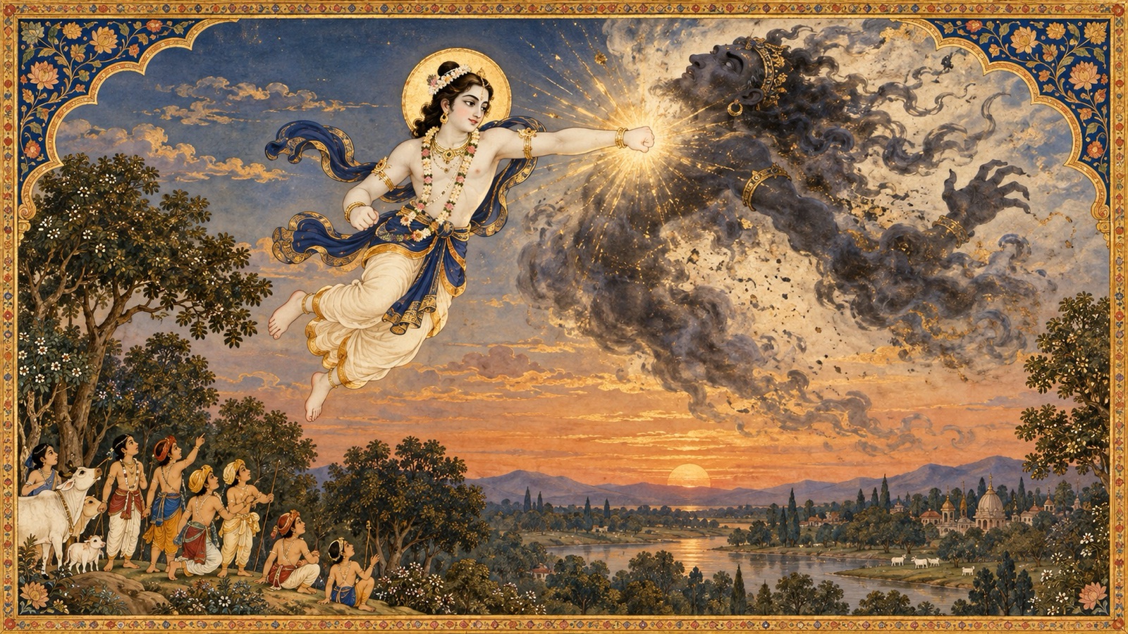 Balarama striking the demon Pralamba with a single radiant, symbolic blow as the demon's dark form dissolves in the sky
