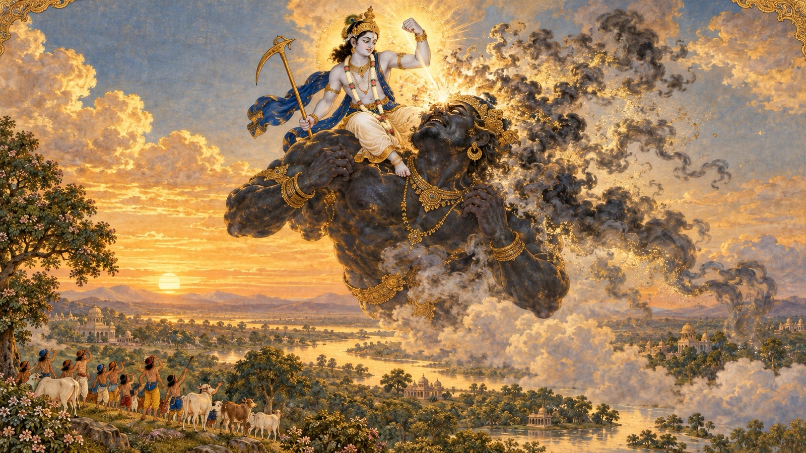 Balarama striking the demon Pralamba, revealed in his towering true form, with a single radiant blow as the demon carries Him through the sky