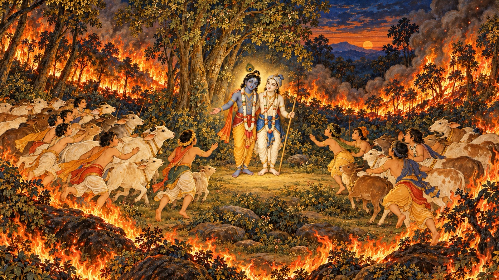 वन में भयभीत गोप-बालकों और गोधन को चारों ओर से घेरती प्रचण्ड नारंगी ज्वाला