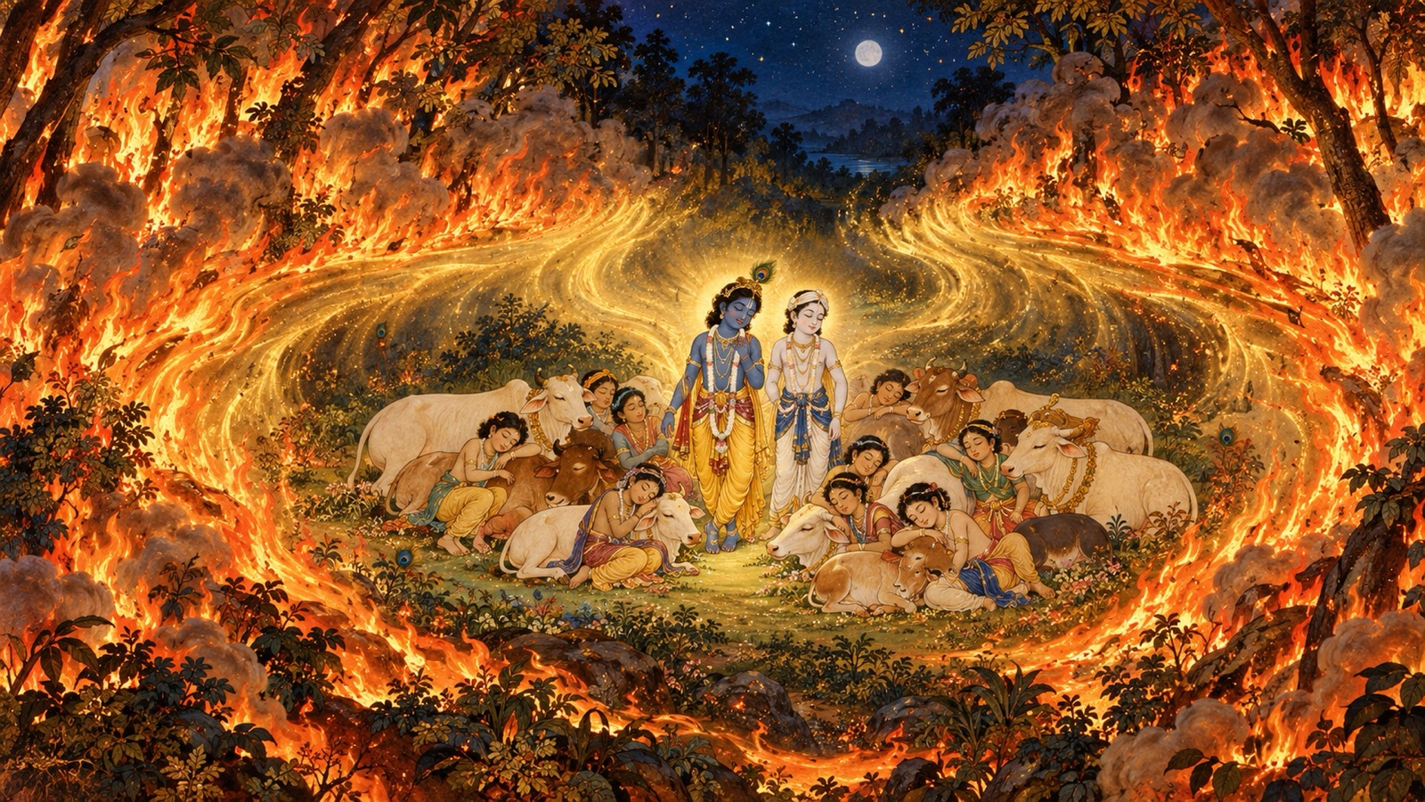 विश्वास से आँखें मूँदे खड़े गोप-बालकों और गोधन की रक्षा हेतु प्रचण्ड दावाग्नि को पी जाते कृष्ण