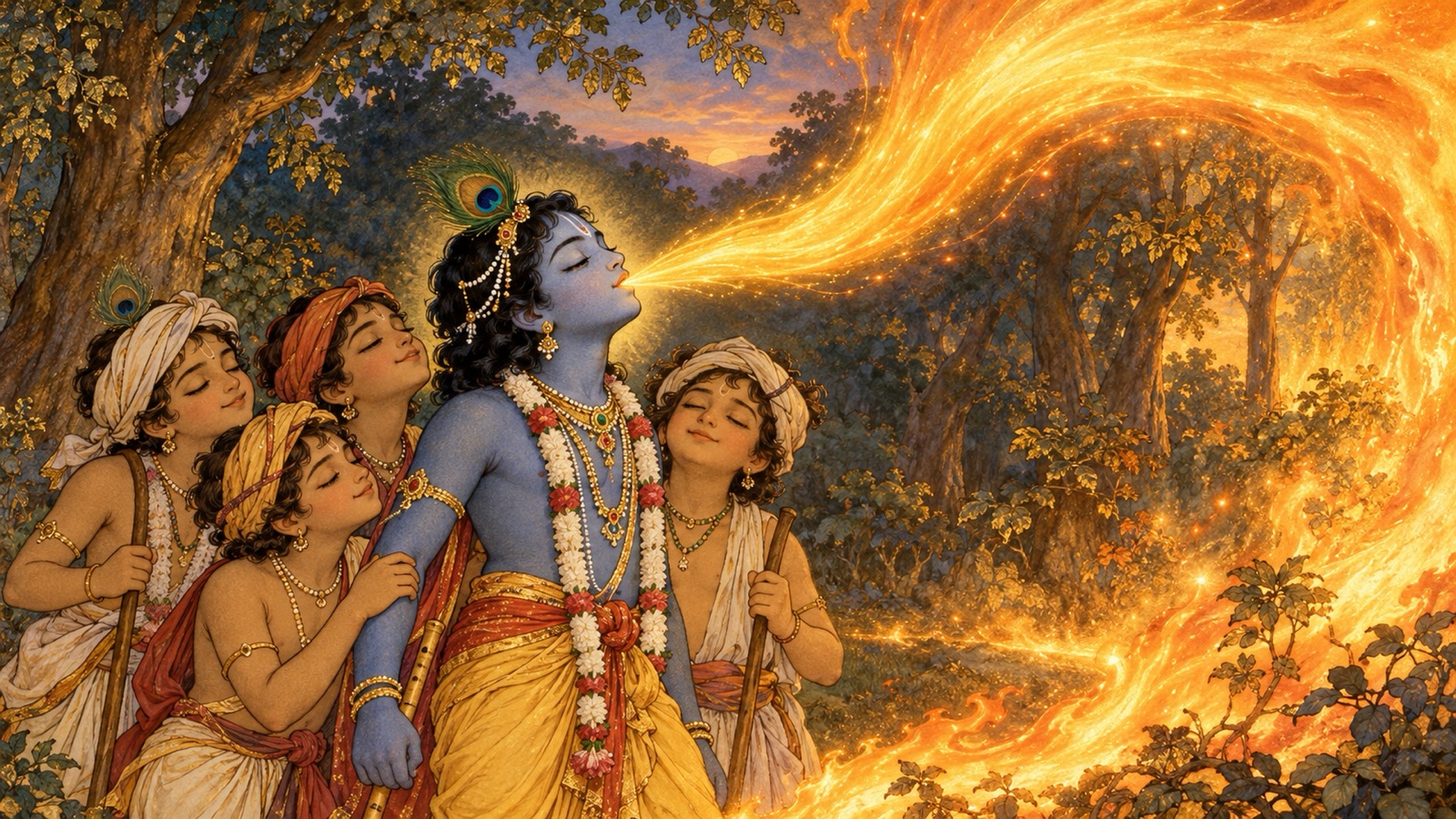 Krishna drawing the raging forest fire into His mouth as the cowherd boys and cattle stand nearby with eyes closed in trust