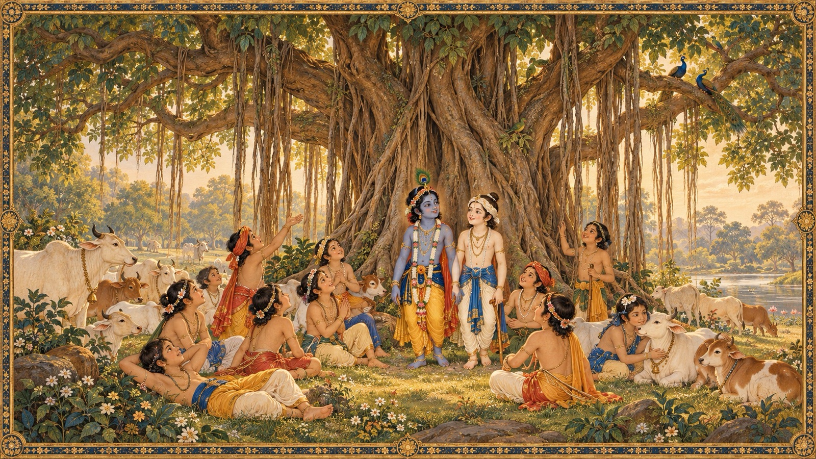 The cowherd boys opening their eyes in wonder, safe with their cattle beneath the great banyan tree of Bhandiravana